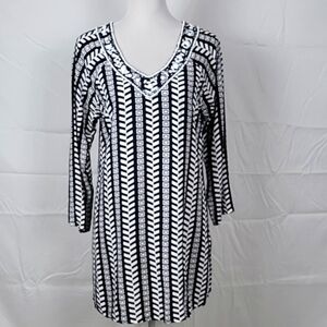 Joyous & Free Size S Navy Blue & White Long Sleeve Beaded V Neckline Dress, EUC